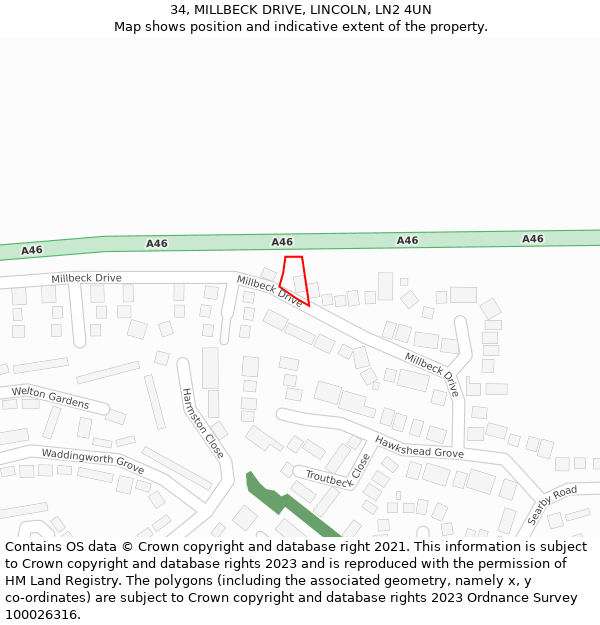 34, MILLBECK DRIVE, LINCOLN, LN2 4UN: Location map and indicative extent of plot