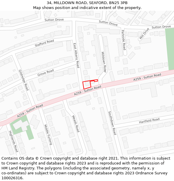 34, MILLDOWN ROAD, SEAFORD, BN25 3PB: Location map and indicative extent of plot