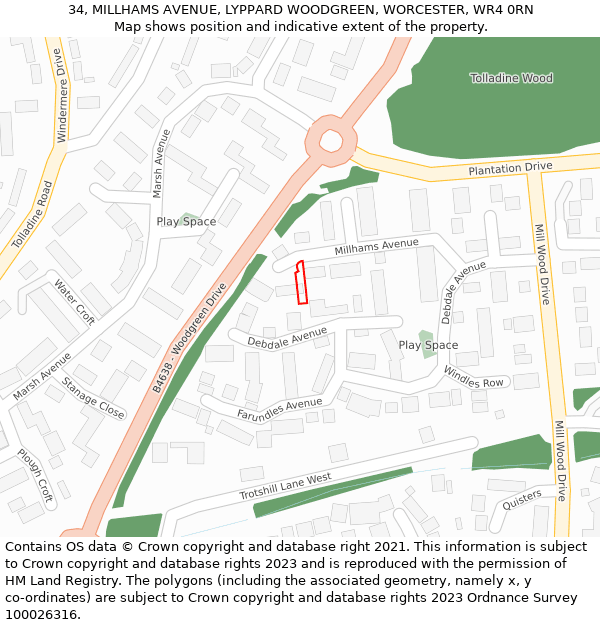 34, MILLHAMS AVENUE, LYPPARD WOODGREEN, WORCESTER, WR4 0RN: Location map and indicative extent of plot