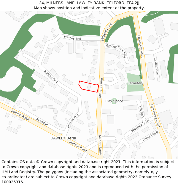 34, MILNERS LANE, LAWLEY BANK, TELFORD, TF4 2JJ: Location map and indicative extent of plot