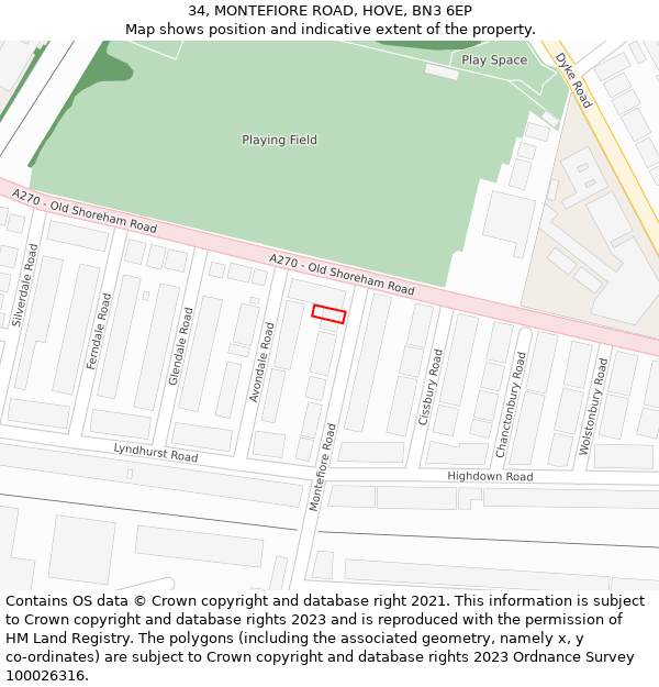 34, MONTEFIORE ROAD, HOVE, BN3 6EP: Location map and indicative extent of plot