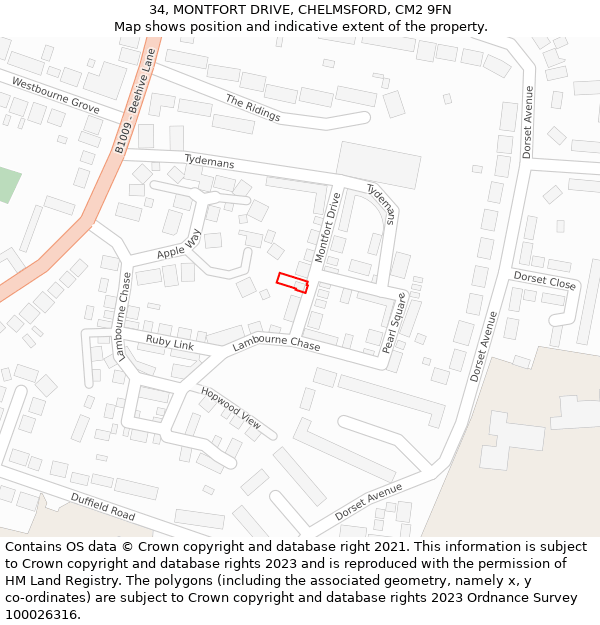 34, MONTFORT DRIVE, CHELMSFORD, CM2 9FN: Location map and indicative extent of plot