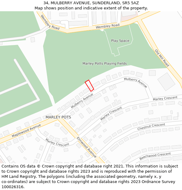 34, MULBERRY AVENUE, SUNDERLAND, SR5 5AZ: Location map and indicative extent of plot