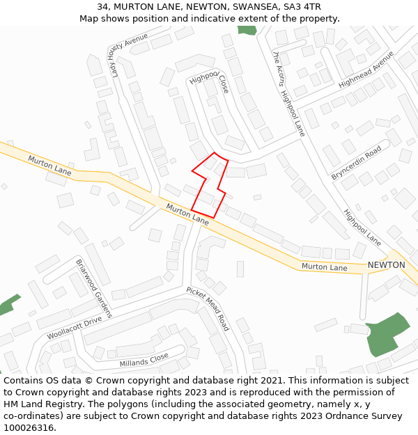 34, MURTON LANE, NEWTON, SWANSEA, SA3 4TR: Location map and indicative extent of plot