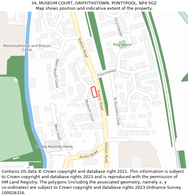 34, MUSEUM COURT, GRIFFITHSTOWN, PONTYPOOL, NP4 5GZ: Location map and indicative extent of plot