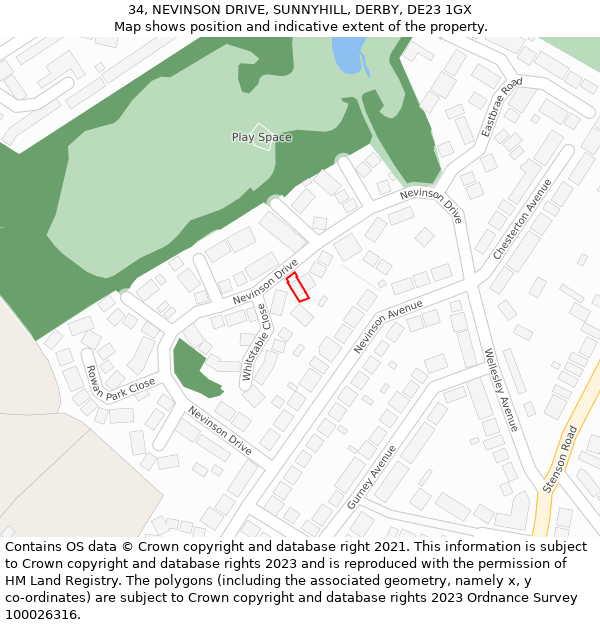 34, NEVINSON DRIVE, SUNNYHILL, DERBY, DE23 1GX: Location map and indicative extent of plot