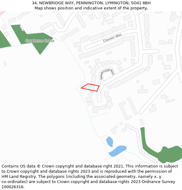 34, NEWBRIDGE WAY, PENNINGTON, LYMINGTON, SO41 8BH: Location map and indicative extent of plot