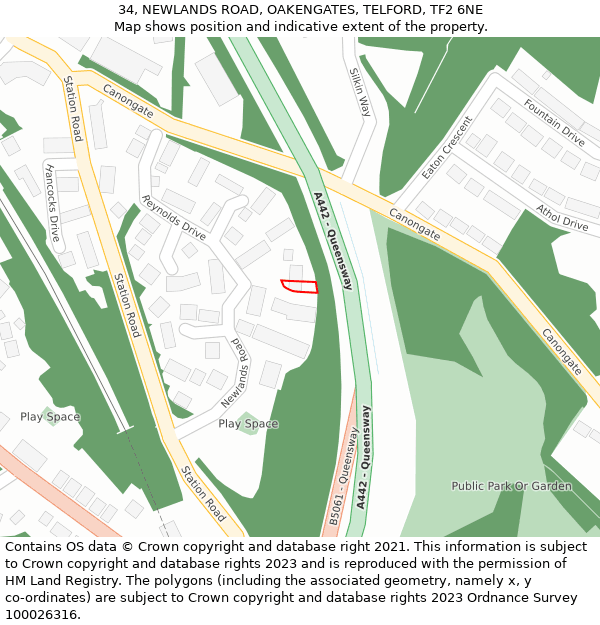 34, NEWLANDS ROAD, OAKENGATES, TELFORD, TF2 6NE: Location map and indicative extent of plot