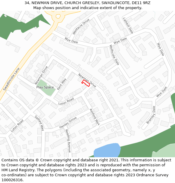 34, NEWMAN DRIVE, CHURCH GRESLEY, SWADLINCOTE, DE11 9RZ: Location map and indicative extent of plot