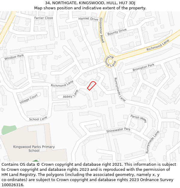 34, NORTHGATE, KINGSWOOD, HULL, HU7 3DJ: Location map and indicative extent of plot