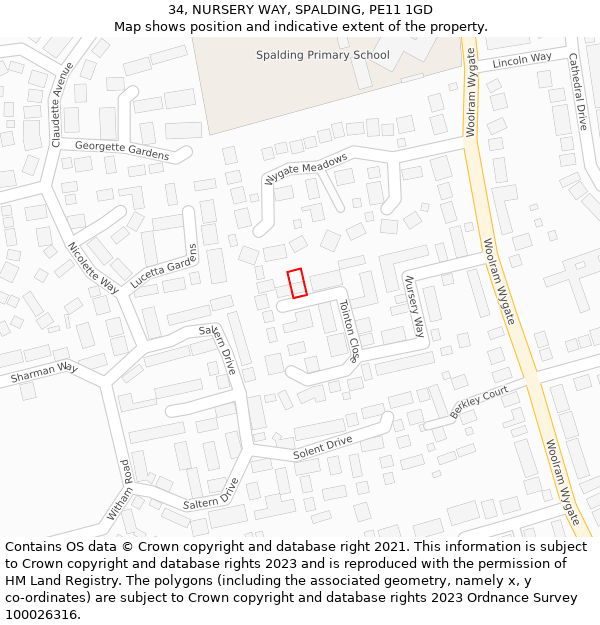 34, NURSERY WAY, SPALDING, PE11 1GD: Location map and indicative extent of plot