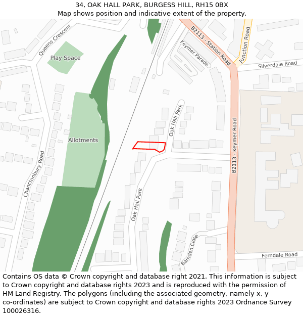 34, OAK HALL PARK, BURGESS HILL, RH15 0BX: Location map and indicative extent of plot