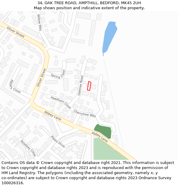 34, OAK TREE ROAD, AMPTHILL, BEDFORD, MK45 2UH: Location map and indicative extent of plot