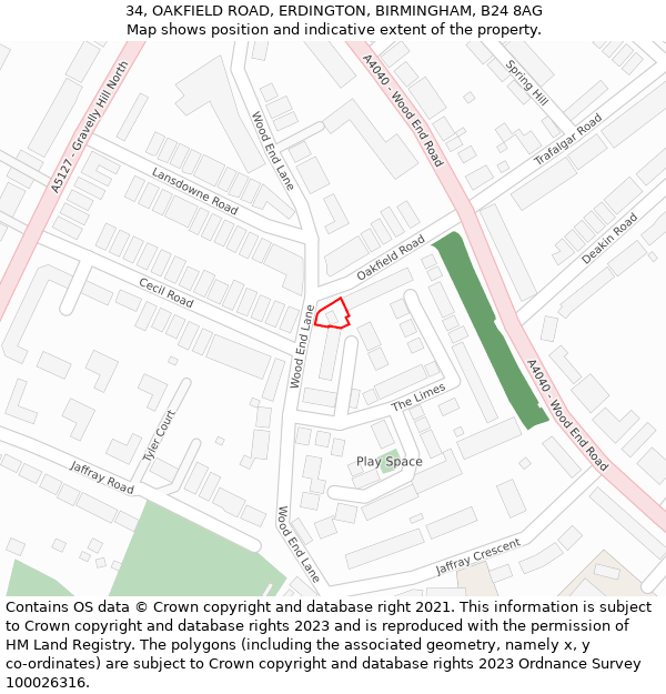 34, OAKFIELD ROAD, ERDINGTON, BIRMINGHAM, B24 8AG: Location map and indicative extent of plot