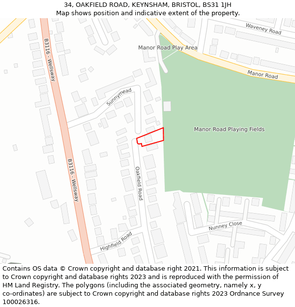 34, OAKFIELD ROAD, KEYNSHAM, BRISTOL, BS31 1JH: Location map and indicative extent of plot