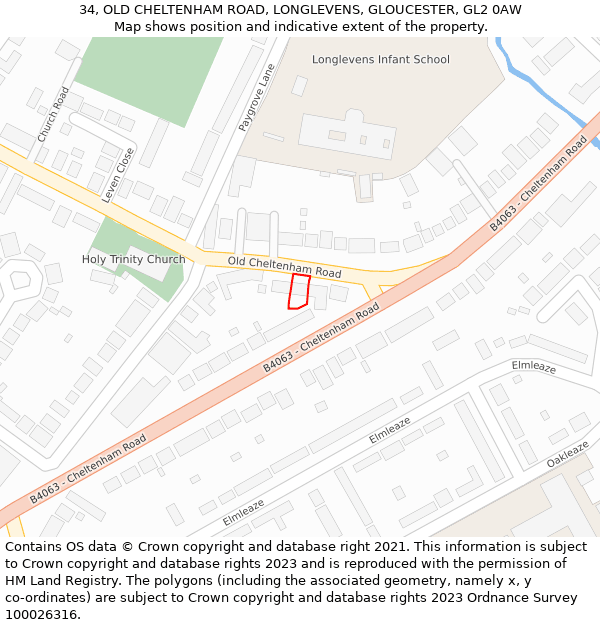 34, OLD CHELTENHAM ROAD, LONGLEVENS, GLOUCESTER, GL2 0AW: Location map and indicative extent of plot