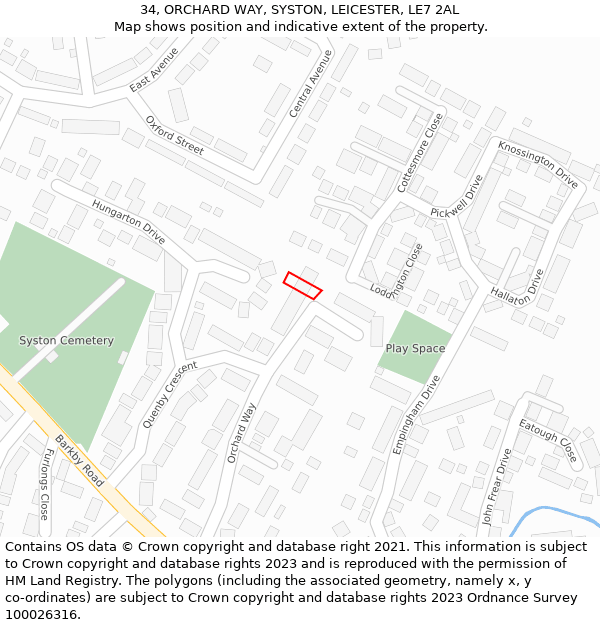 34, ORCHARD WAY, SYSTON, LEICESTER, LE7 2AL: Location map and indicative extent of plot