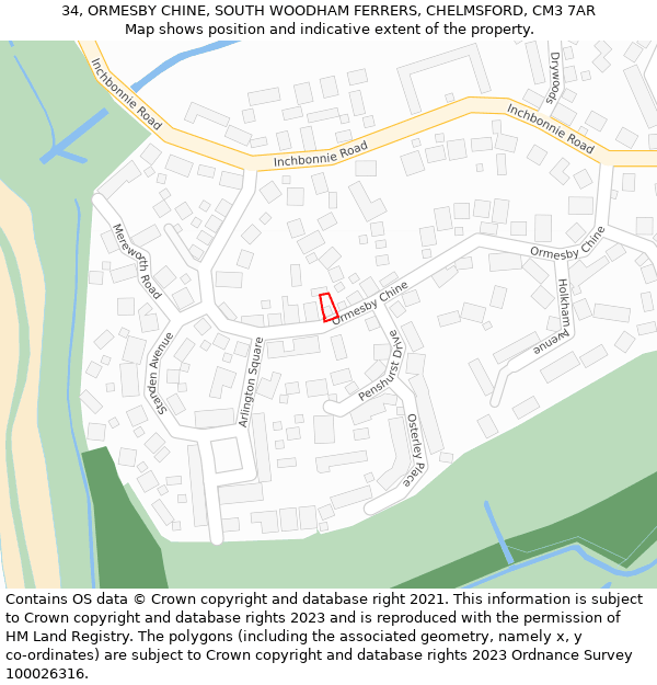 34, ORMESBY CHINE, SOUTH WOODHAM FERRERS, CHELMSFORD, CM3 7AR: Location map and indicative extent of plot