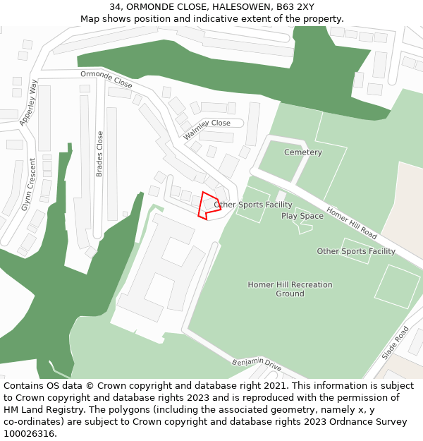 34, ORMONDE CLOSE, HALESOWEN, B63 2XY: Location map and indicative extent of plot