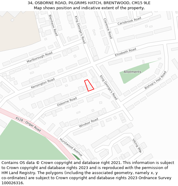 34, OSBORNE ROAD, PILGRIMS HATCH, BRENTWOOD, CM15 9LE: Location map and indicative extent of plot