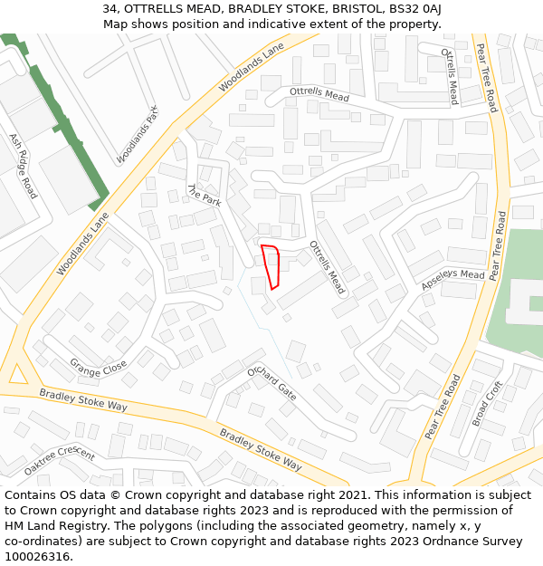 34, OTTRELLS MEAD, BRADLEY STOKE, BRISTOL, BS32 0AJ: Location map and indicative extent of plot