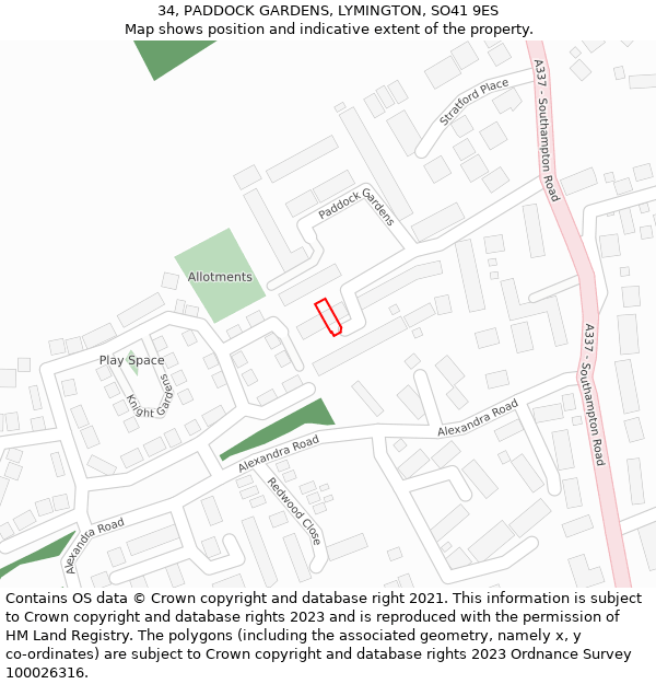 34, PADDOCK GARDENS, LYMINGTON, SO41 9ES: Location map and indicative extent of plot