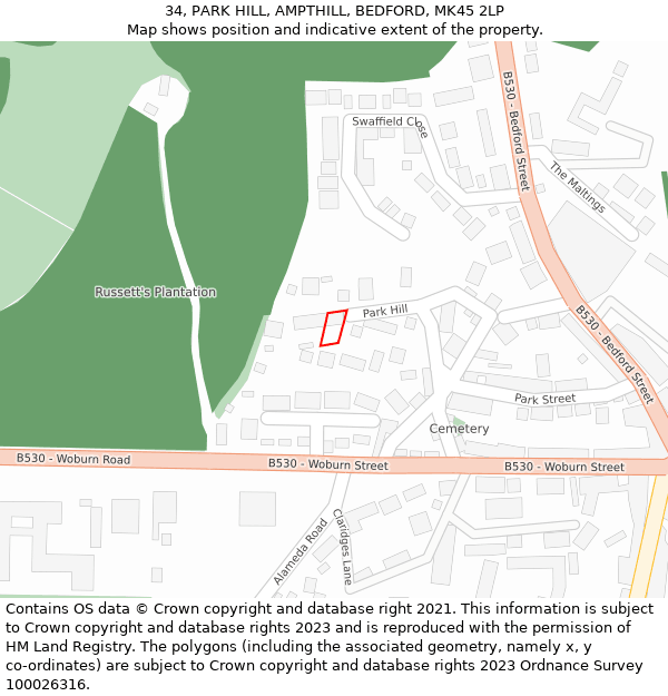 34, PARK HILL, AMPTHILL, BEDFORD, MK45 2LP: Location map and indicative extent of plot