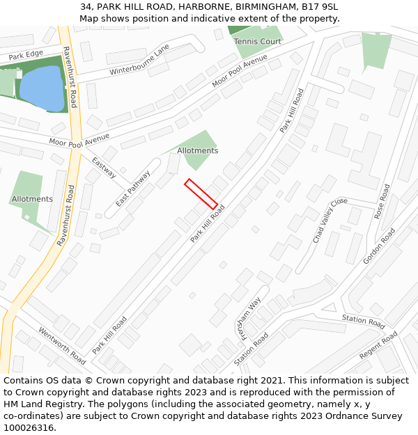 34, PARK HILL ROAD, HARBORNE, BIRMINGHAM, B17 9SL: Location map and indicative extent of plot