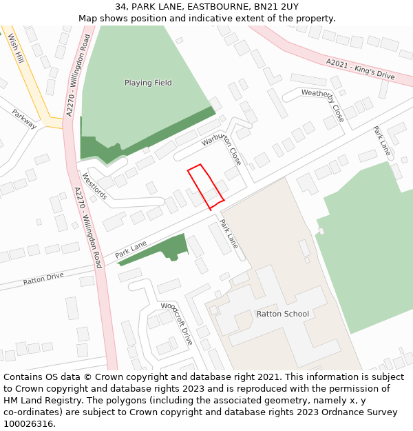 34, PARK LANE, EASTBOURNE, BN21 2UY: Location map and indicative extent of plot