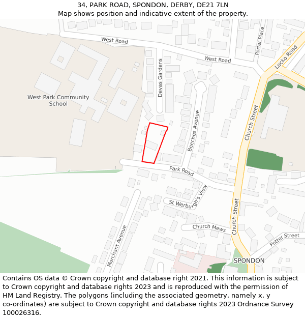 34, PARK ROAD, SPONDON, DERBY, DE21 7LN: Location map and indicative extent of plot