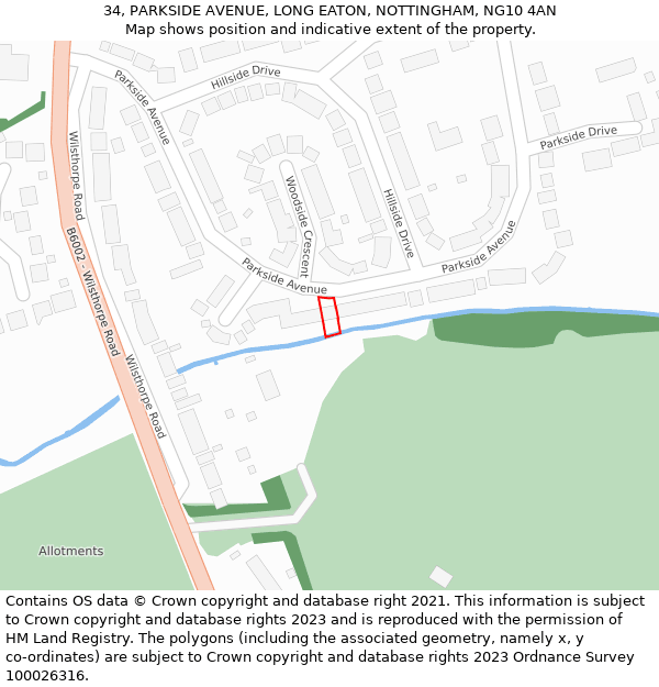 34, PARKSIDE AVENUE, LONG EATON, NOTTINGHAM, NG10 4AN: Location map and indicative extent of plot