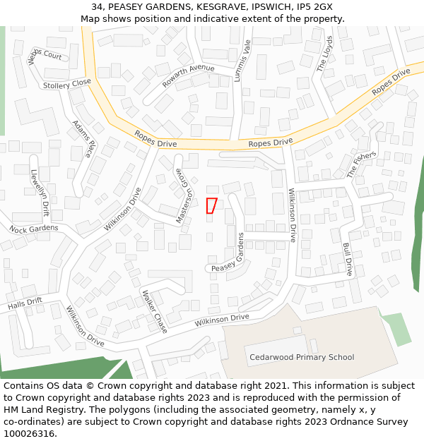 34, PEASEY GARDENS, KESGRAVE, IPSWICH, IP5 2GX: Location map and indicative extent of plot