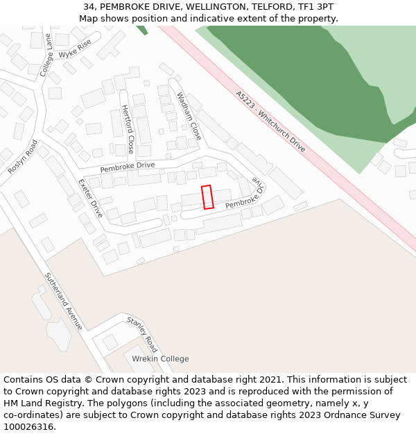 34, PEMBROKE DRIVE, WELLINGTON, TELFORD, TF1 3PT: Location map and indicative extent of plot