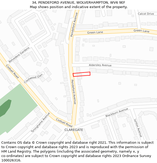 34, PENDEFORD AVENUE, WOLVERHAMPTON, WV6 9EF: Location map and indicative extent of plot
