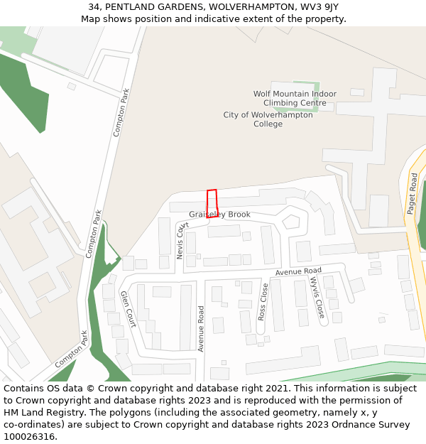34, PENTLAND GARDENS, WOLVERHAMPTON, WV3 9JY: Location map and indicative extent of plot