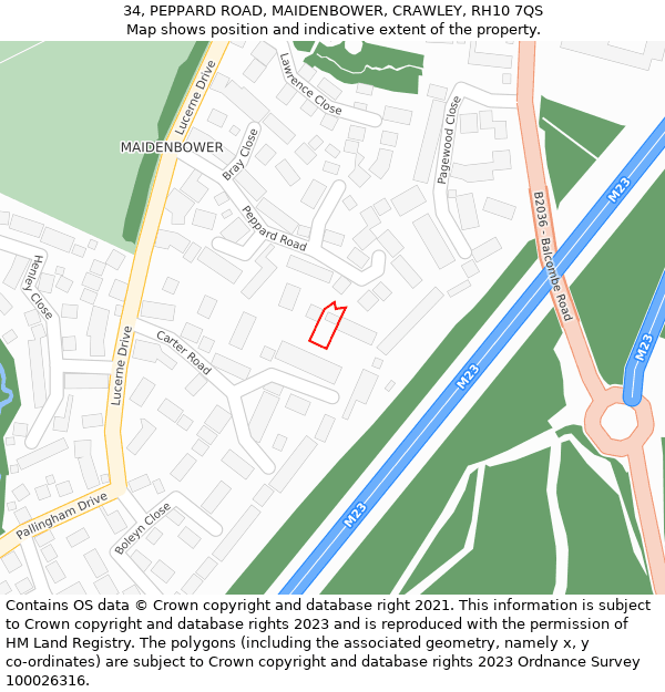 34, PEPPARD ROAD, MAIDENBOWER, CRAWLEY, RH10 7QS: Location map and indicative extent of plot