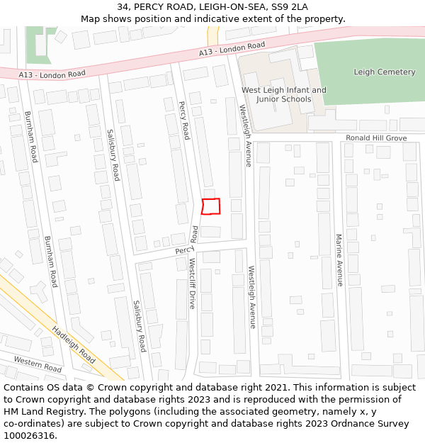 34, PERCY ROAD, LEIGH-ON-SEA, SS9 2LA: Location map and indicative extent of plot