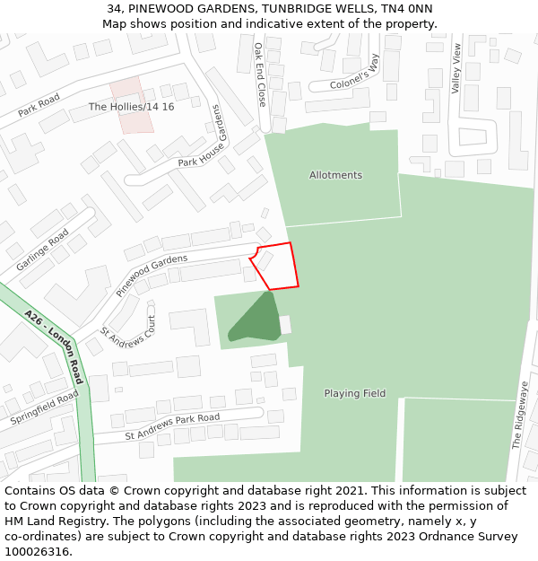 34, PINEWOOD GARDENS, TUNBRIDGE WELLS, TN4 0NN: Location map and indicative extent of plot