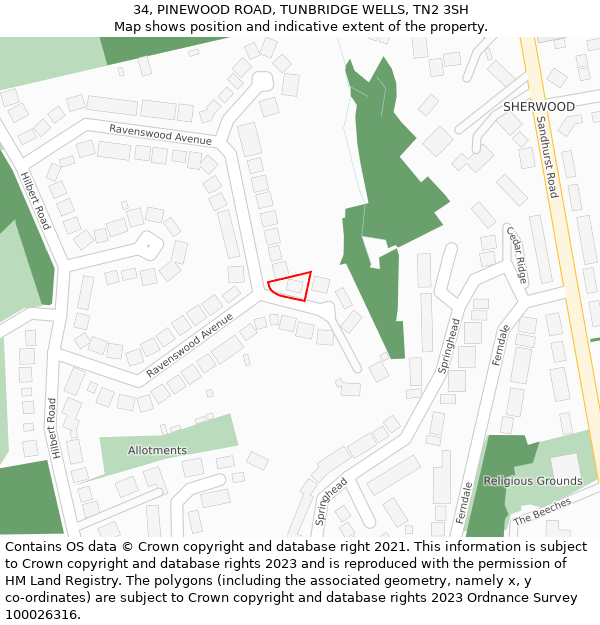34, PINEWOOD ROAD, TUNBRIDGE WELLS, TN2 3SH: Location map and indicative extent of plot