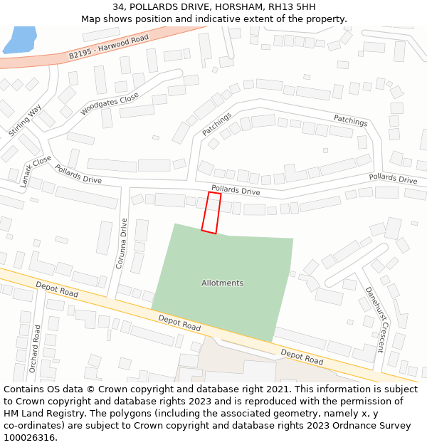 34, POLLARDS DRIVE, HORSHAM, RH13 5HH: Location map and indicative extent of plot