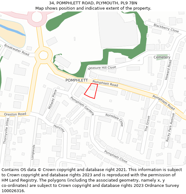 34, POMPHLETT ROAD, PLYMOUTH, PL9 7BN: Location map and indicative extent of plot