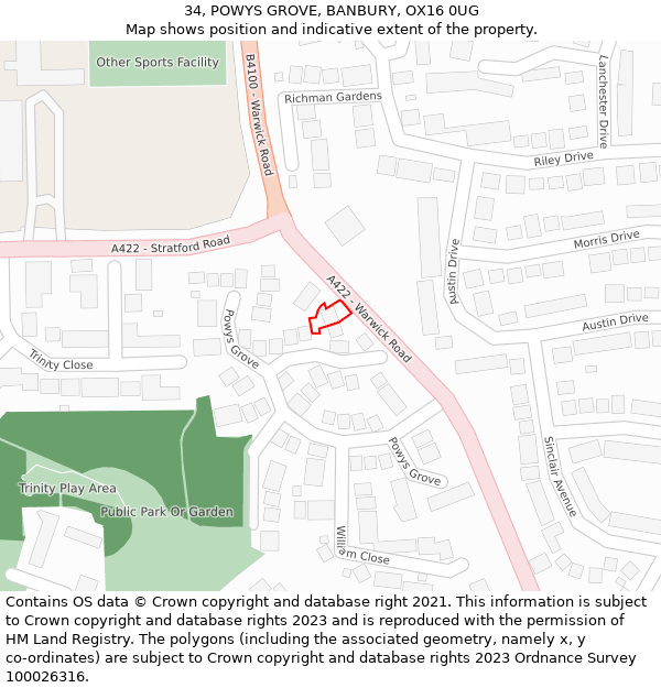 34, POWYS GROVE, BANBURY, OX16 0UG: Location map and indicative extent of plot