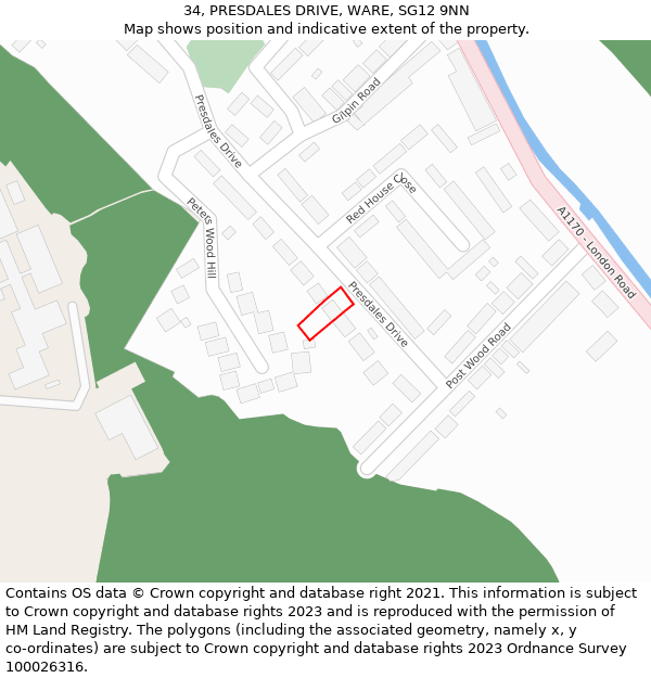 34, PRESDALES DRIVE, WARE, SG12 9NN: Location map and indicative extent of plot