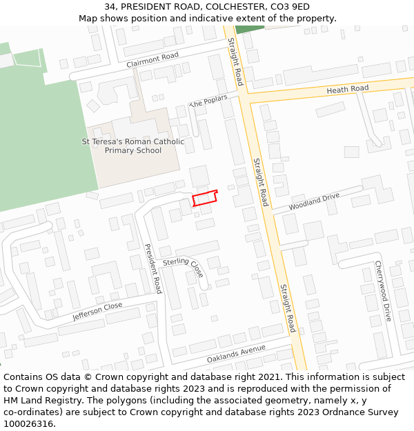 34, PRESIDENT ROAD, COLCHESTER, CO3 9ED: Location map and indicative extent of plot