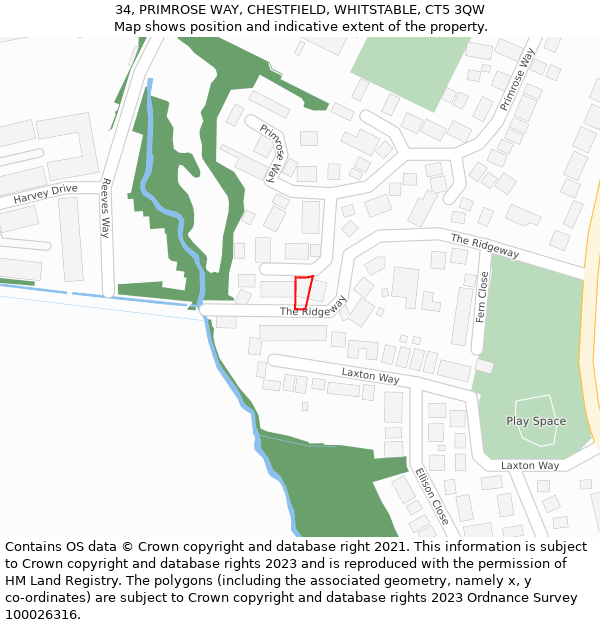 34, PRIMROSE WAY, CHESTFIELD, WHITSTABLE, CT5 3QW: Location map and indicative extent of plot