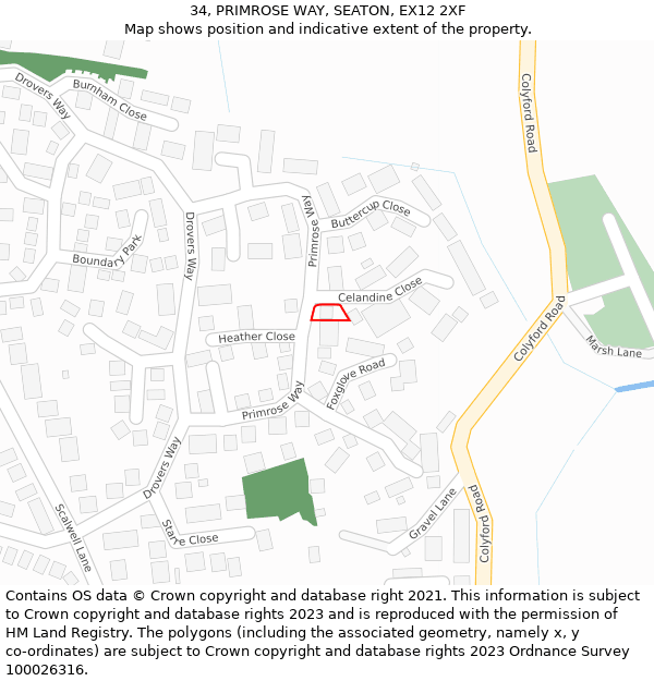 34, PRIMROSE WAY, SEATON, EX12 2XF: Location map and indicative extent of plot