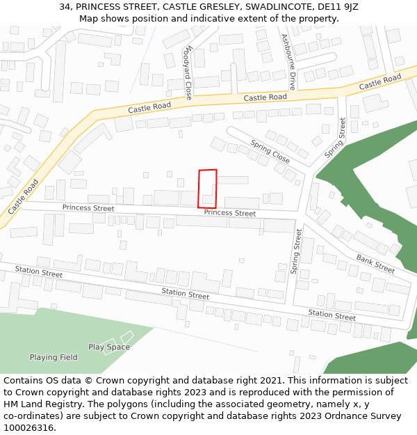 34, PRINCESS STREET, CASTLE GRESLEY, SWADLINCOTE, DE11 9JZ: Location map and indicative extent of plot