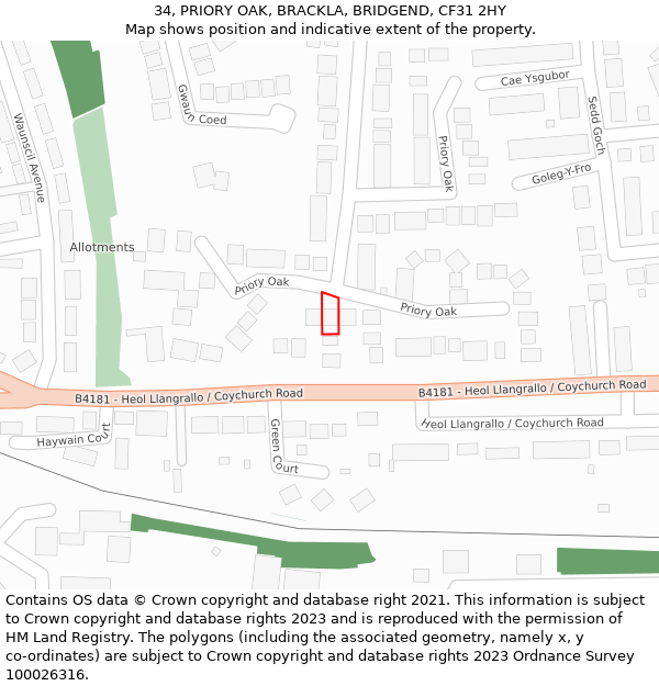 34, PRIORY OAK, BRACKLA, BRIDGEND, CF31 2HY: Location map and indicative extent of plot