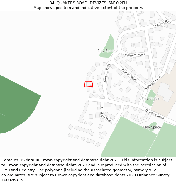 34, QUAKERS ROAD, DEVIZES, SN10 2FH: Location map and indicative extent of plot