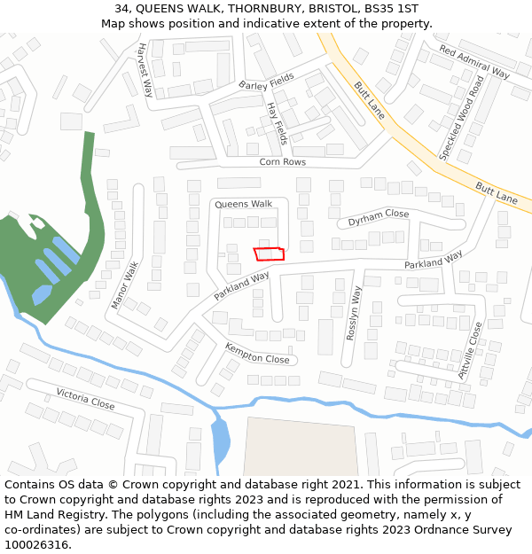 34, QUEENS WALK, THORNBURY, BRISTOL, BS35 1ST: Location map and indicative extent of plot